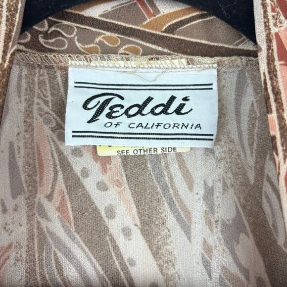 Vintage Teddi of California Blouse Scarf Collar Brown Art Print 80s Women's 10 - Picture 4 of 7